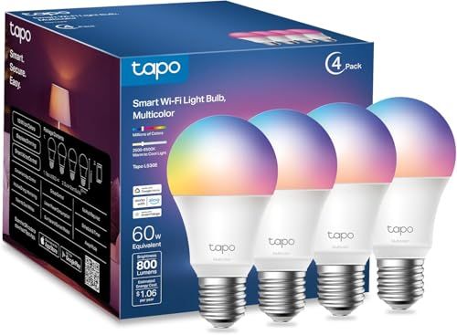 Tapo Multicolor Dimmable Smart Light Bulbs, L530E(4-Pack), A19 E26, 800LM | 16M Colors RGBW, Works with Alexa and Google Home, 60W Equivalent, CRI>90, 2.4GHz WiFi Only, No Hub Required Tapo Multicolor Dimmable Smart Light Bulbs, L530E(4-Pack), A19 E26, 800LM | 16M Colors RGBW, Works with Alexa and Google Home, 60W Equivalent, CRI>90, 2.4GHz WiFi Only, No Hub Required