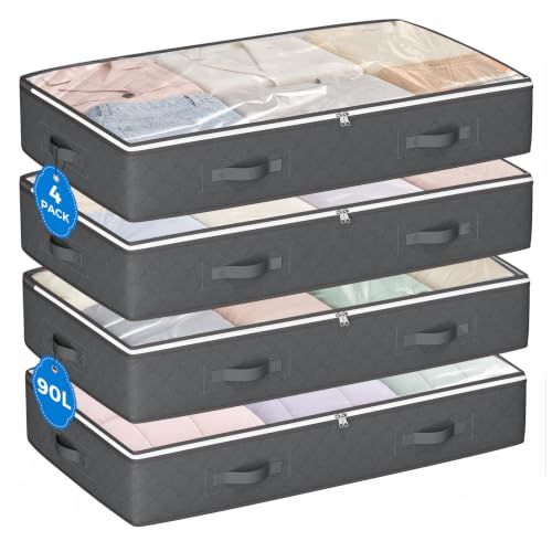 Budding Joy 90L Under Bed Storage Containers, Foldable Storage Bags Grey | Foldable Under Bed Storage Bins & Closet Organizers for Blankets, Towels, Comforter, Sweaters, Pillows, Wrapping Paper