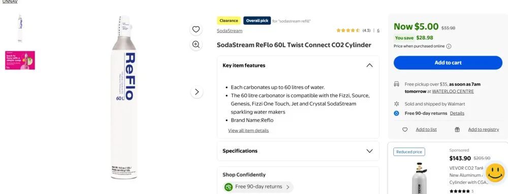 Walmart: SodaStream ReFlo 60L Twist Connect CO2 Cylinder $5.00 (reg. $33.98) Walmart: SodaStream ReFlo 60L Twist Connect CO2 Cylinder $5.00 (reg. $33.98)